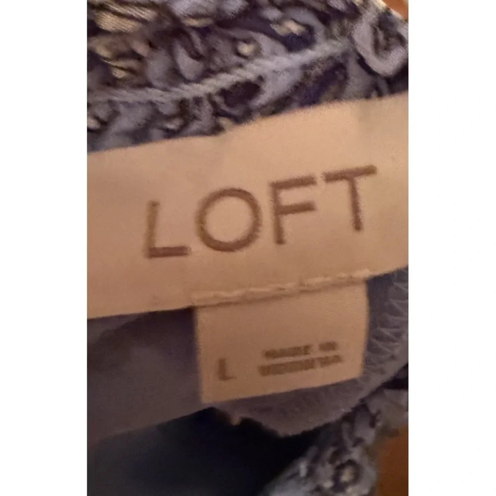 Ann Taylor LOFT Light Blue Floral Blouse Lg Puff Balloon Sleeve Cottage Core Top